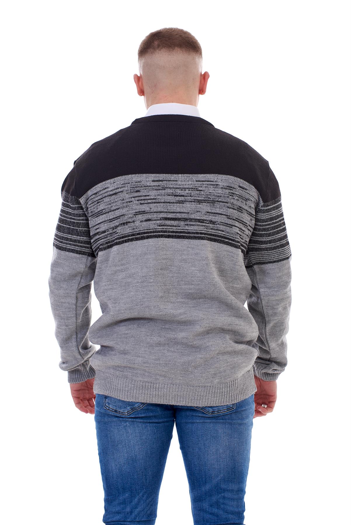 Mens Knitted Jumper Crew Neck Long Sleeve Front Panel Striped Pullover