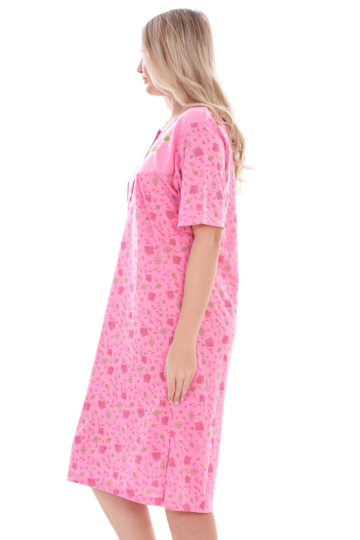 Ladies Nightdress Floral Print Chemise Short Sleeve Buttons Nightshirt