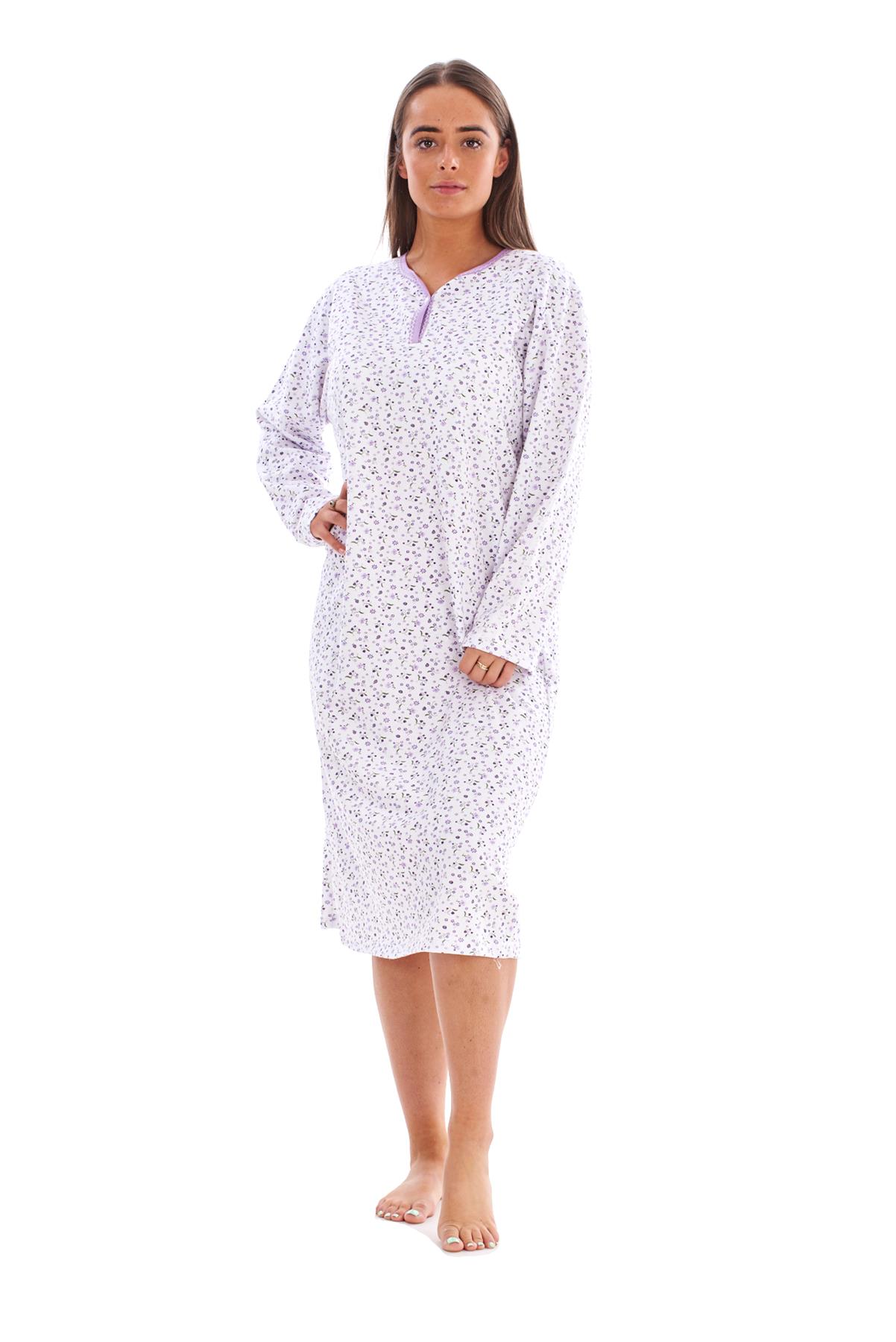 Women Fleece Nightdress Long Sleeve V Neck Floral Print Warm Thermal
