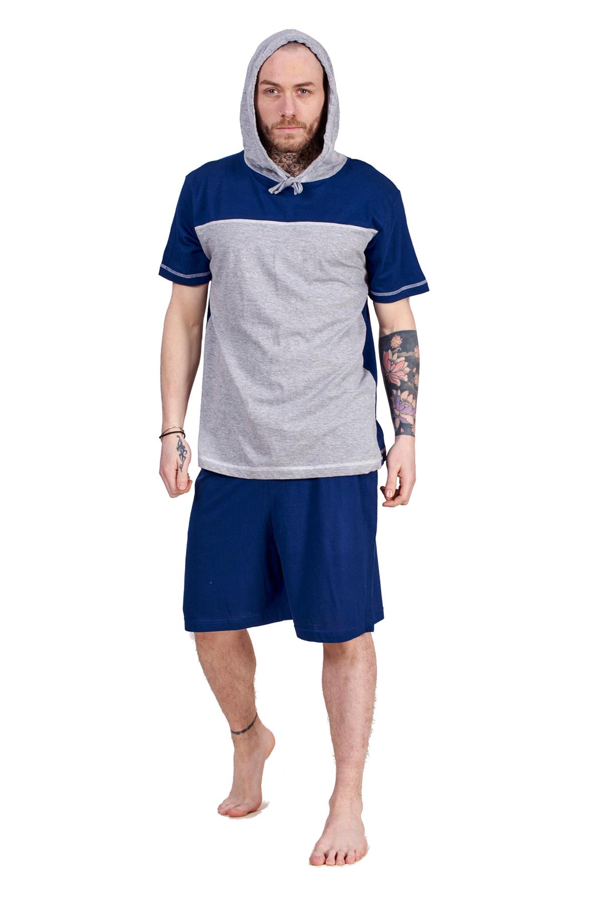 Mens Short Pyjama Set 100 Cotton Soft Jersey Hooded Top Loungewear Set