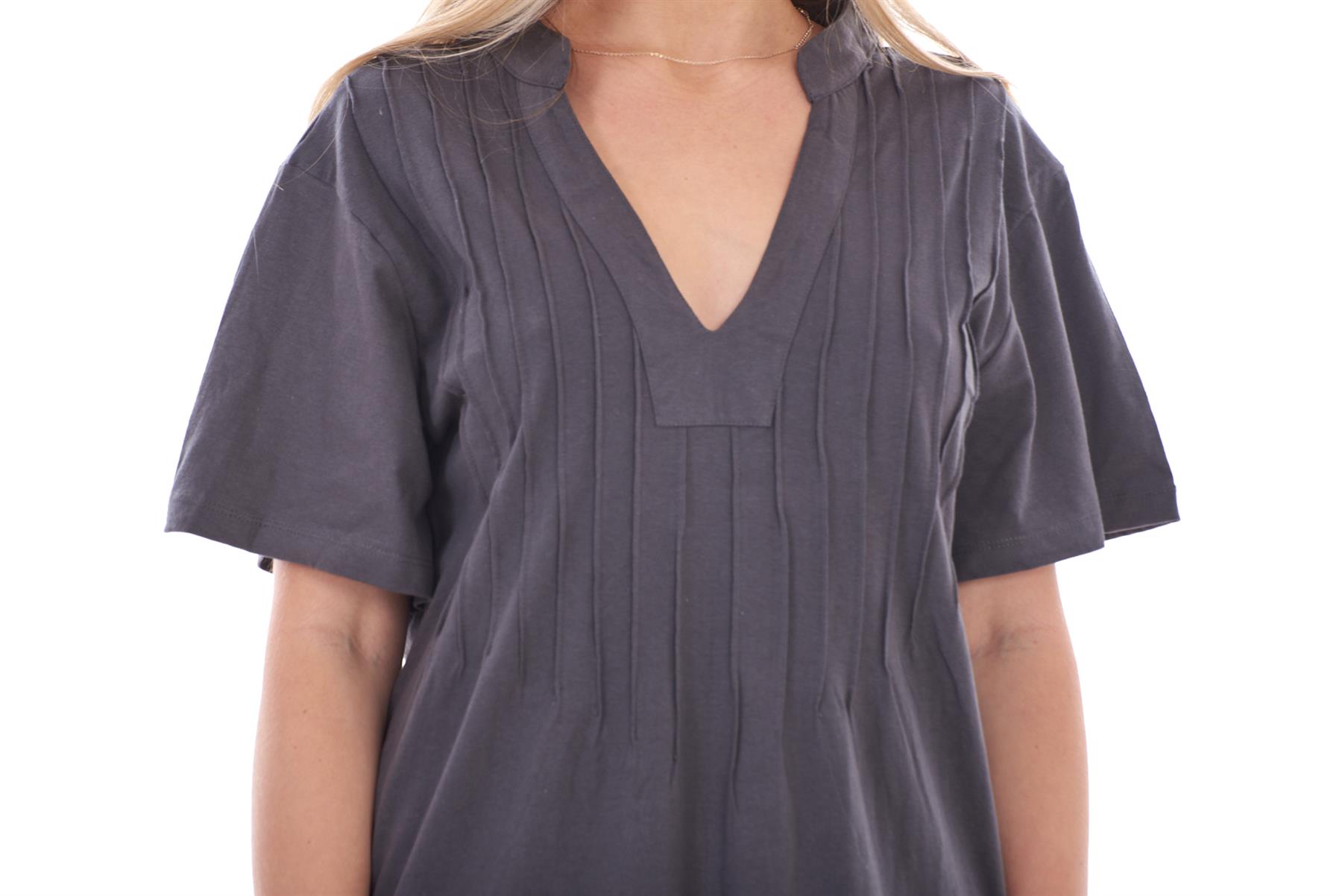 Ladies Plain Cotton Nightwear V-Neck Pleated Short Sleeve Nightie Nightshirt - Picture 18 of 33