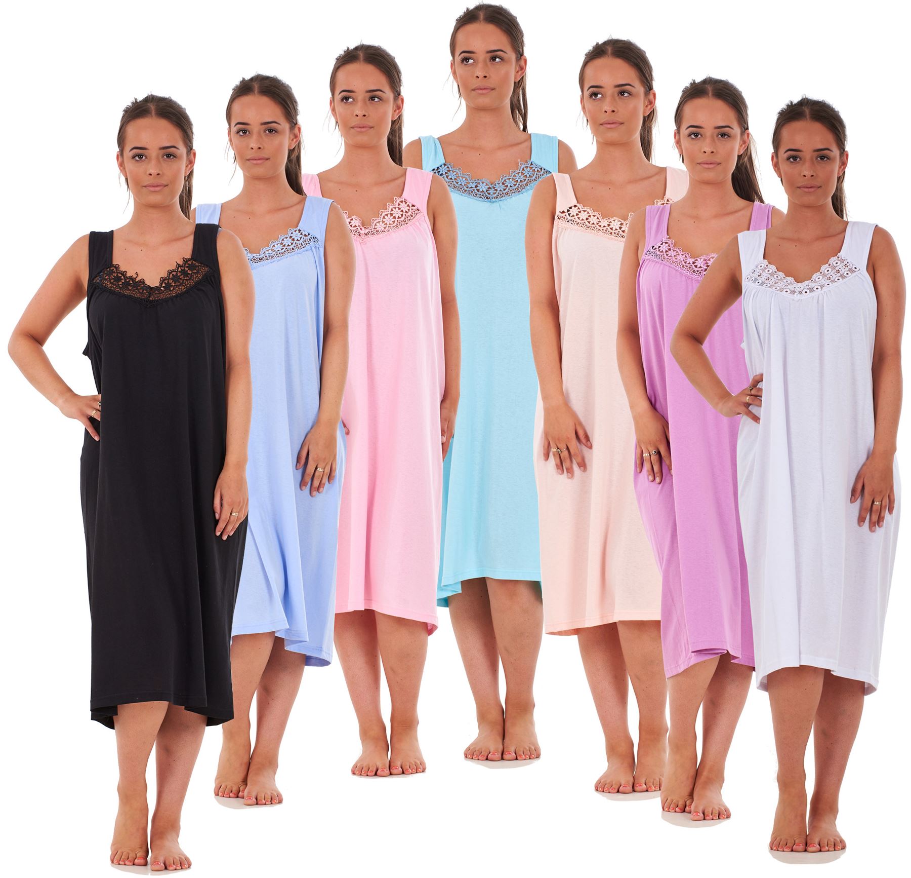 Ladies Nightwear V Neck Plain 100 Cotton Sleeveless Long Nightdress M