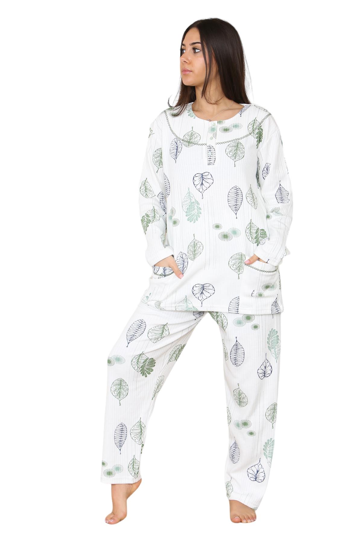 Womens Cotton Pyjamas Set Long Sleeve Leaf Print Thermal Loungewear Nightwear UK - Picture 10 of 18