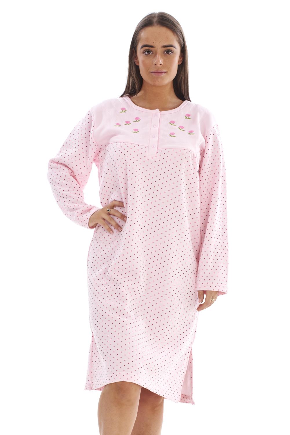 Women Fleece Nightwear Floral Long Sleeve Button Dot Spot Warm Thermal Nightie | eBay