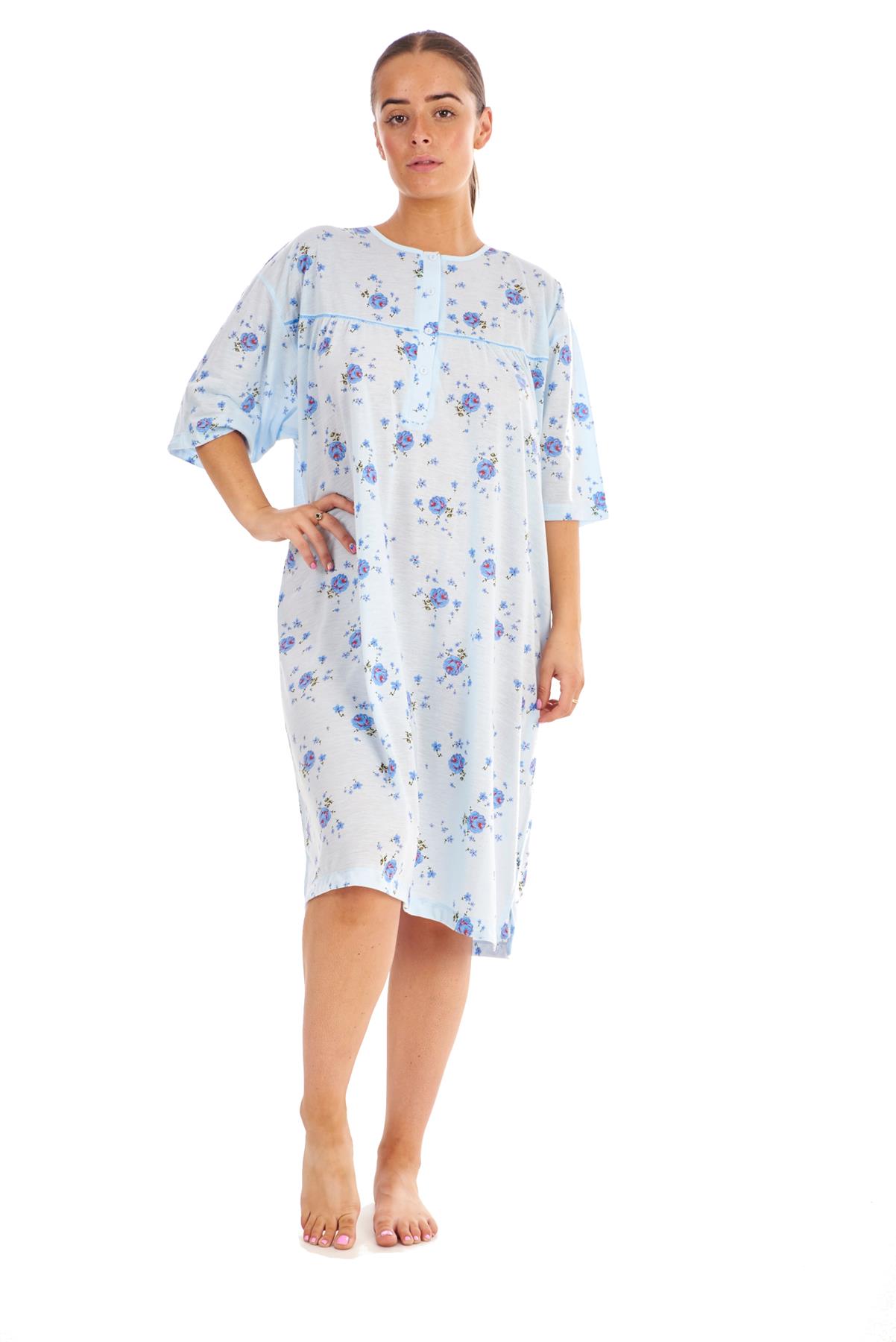 Ladies Nightwear 100 Cotton Short Sleeve button Blue Floral Nightshirt