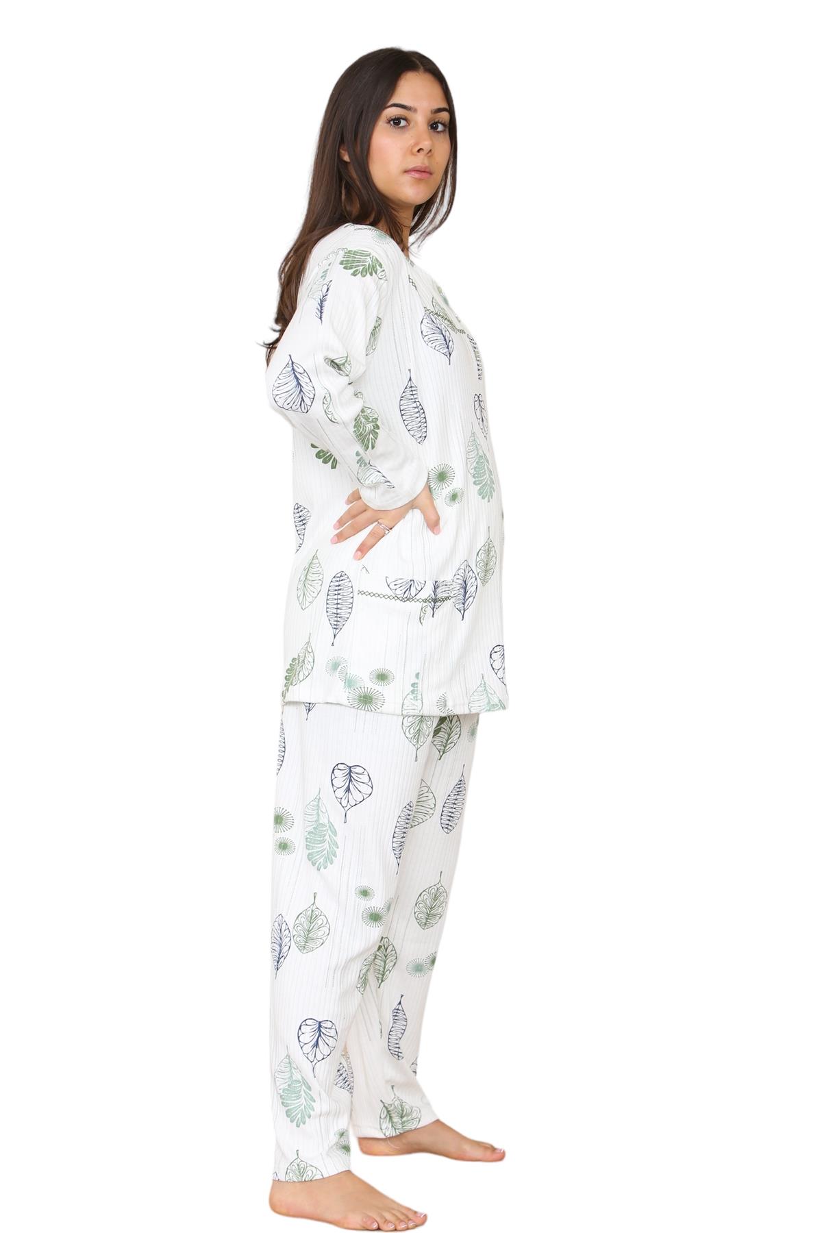Womens Cotton Pyjamas Set Long Sleeve Leaf Print Thermal Loungewear Nightwear UK - Picture 11 of 18