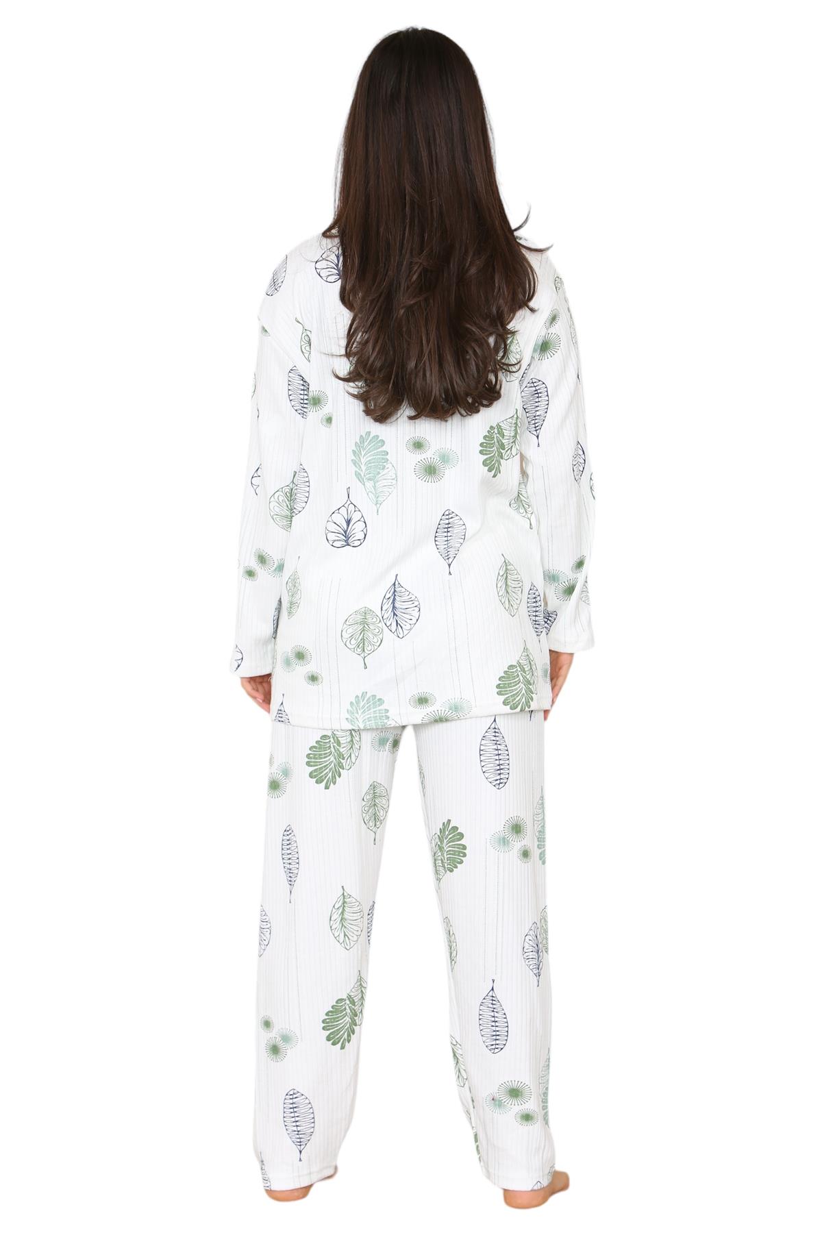 Womens Cotton Pyjamas Set Long Sleeve Leaf Print Thermal Loungewear Nightwear UK - Picture 12 of 18