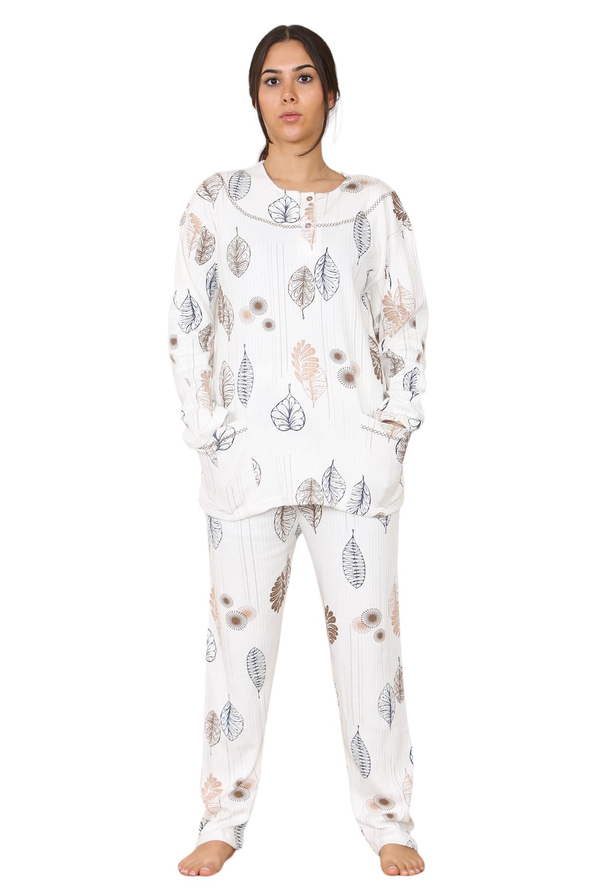 Womens Cotton Pyjamas Set Long Sleeve Leaf Print Thermal Loungewear Nightwear UK - Picture 6 of 18