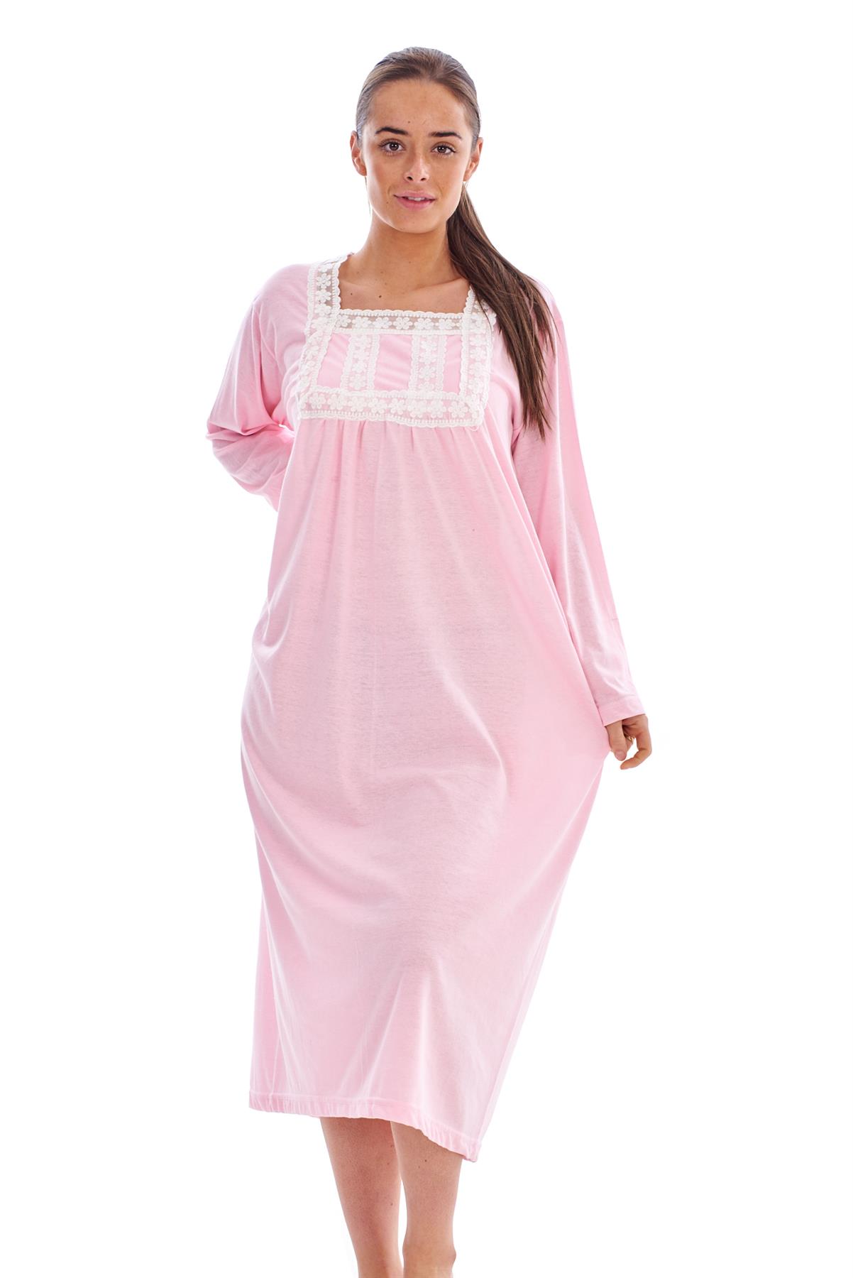 Women Long Nightdress Plain 100 Cotton Long Sleeve Lace Nightgowns