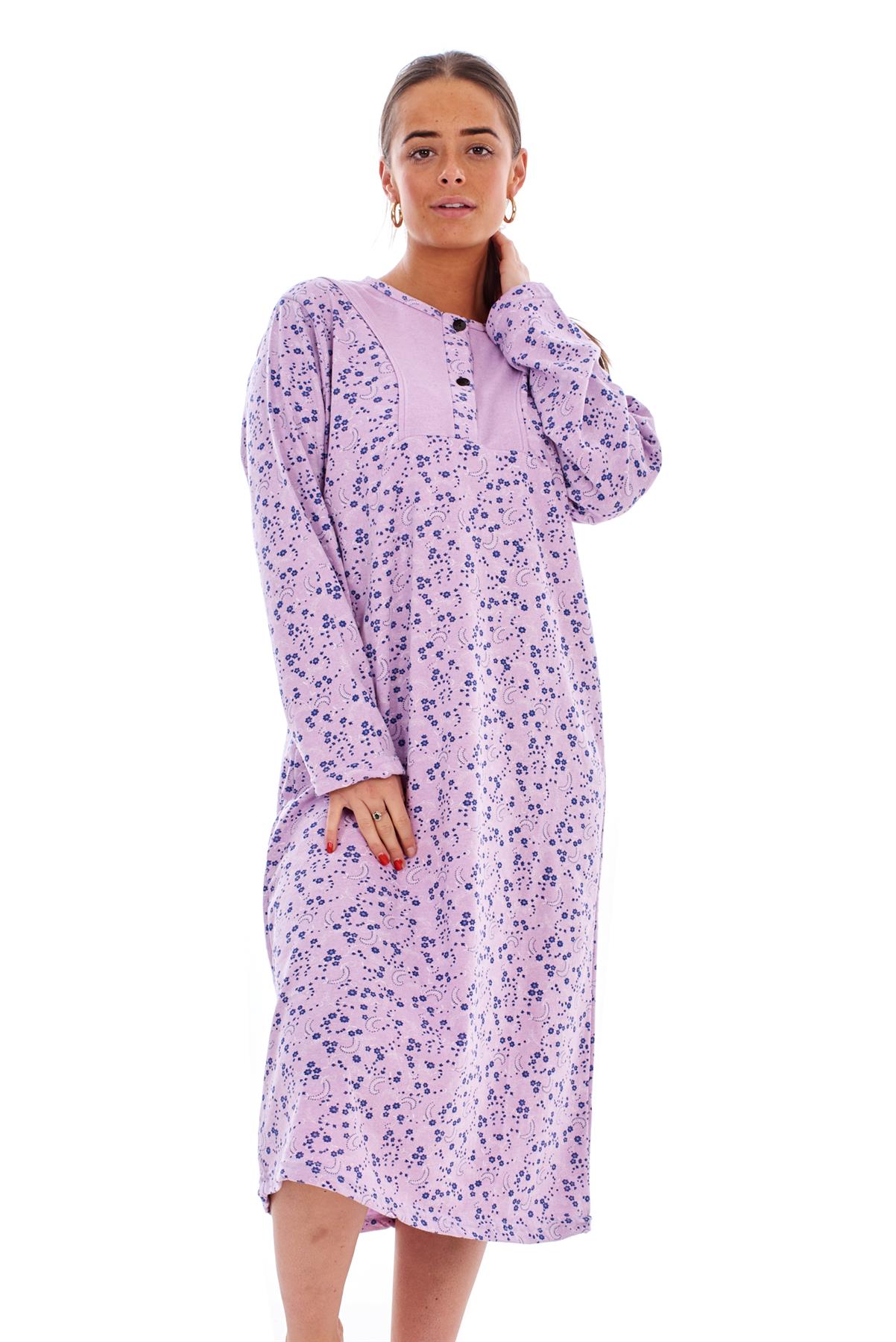 Ladies 100% Cotton Thermal Nightdress Long Sleeve Floral Print Warm ...