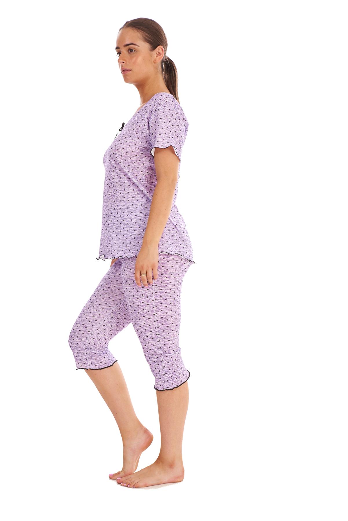 Ladies Cropped Pyjama Set Short 100% Cotton Polka Dot Melange Print V-Neck Capri | eBay