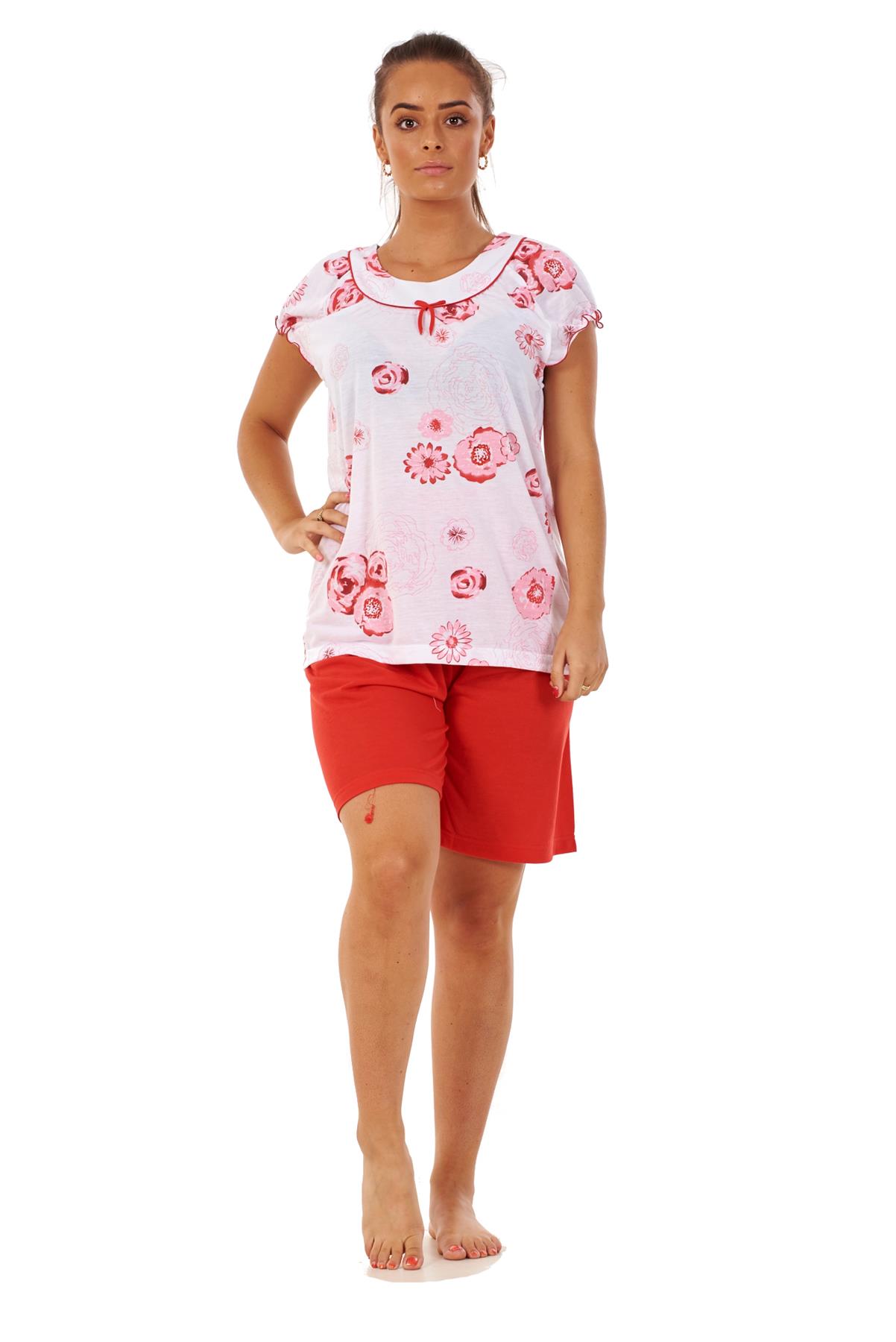 Ladies Pyjama Set Short 100 Cotton Cap Sleeve Floral Crew Neck