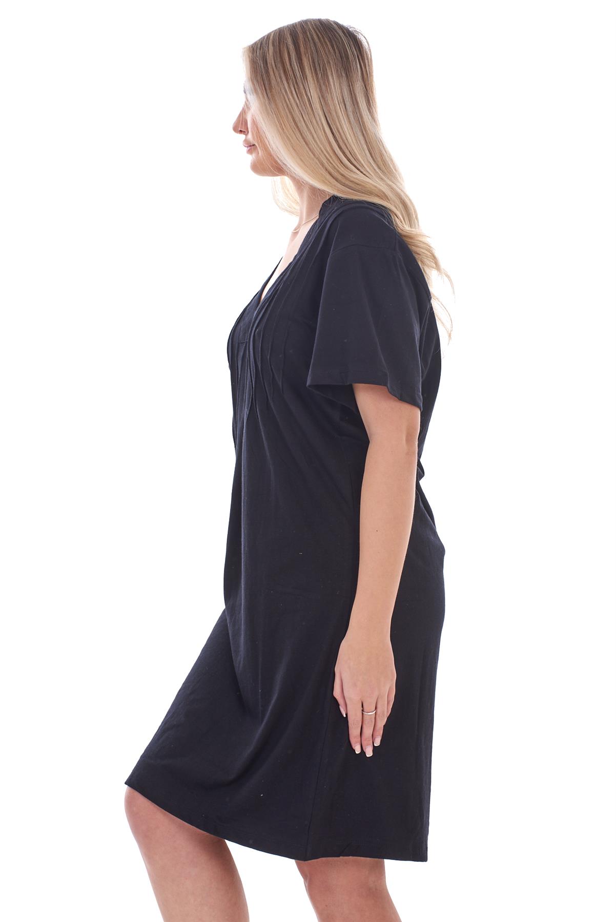 Ladies Plain Cotton Nightwear V-Neck Pleated Short Sleeve Nightie Nightshirt - Picture 8 of 33