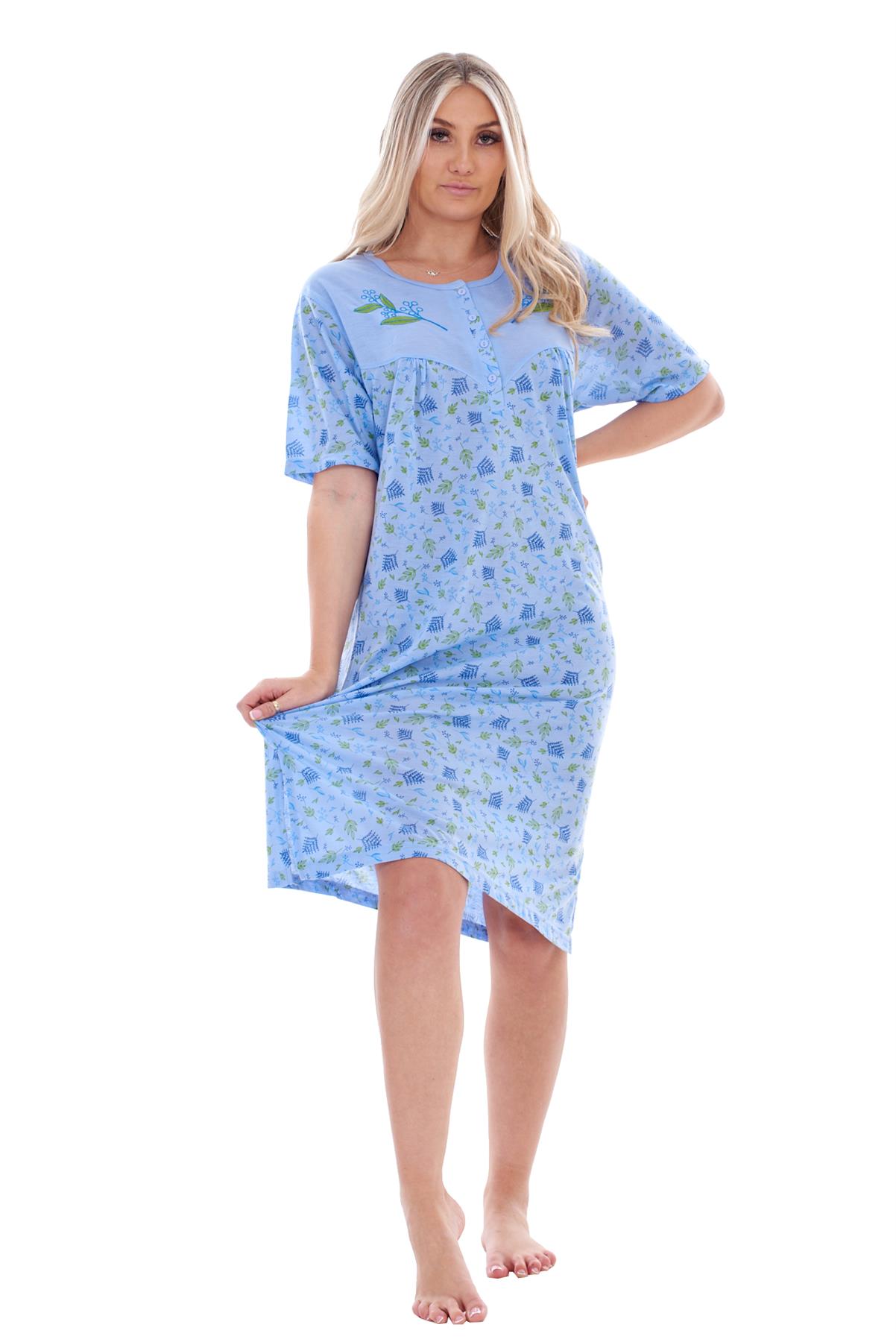 Ladies Nightdress Floral Print Chemise Short Sleeve Buttons Nightshirt