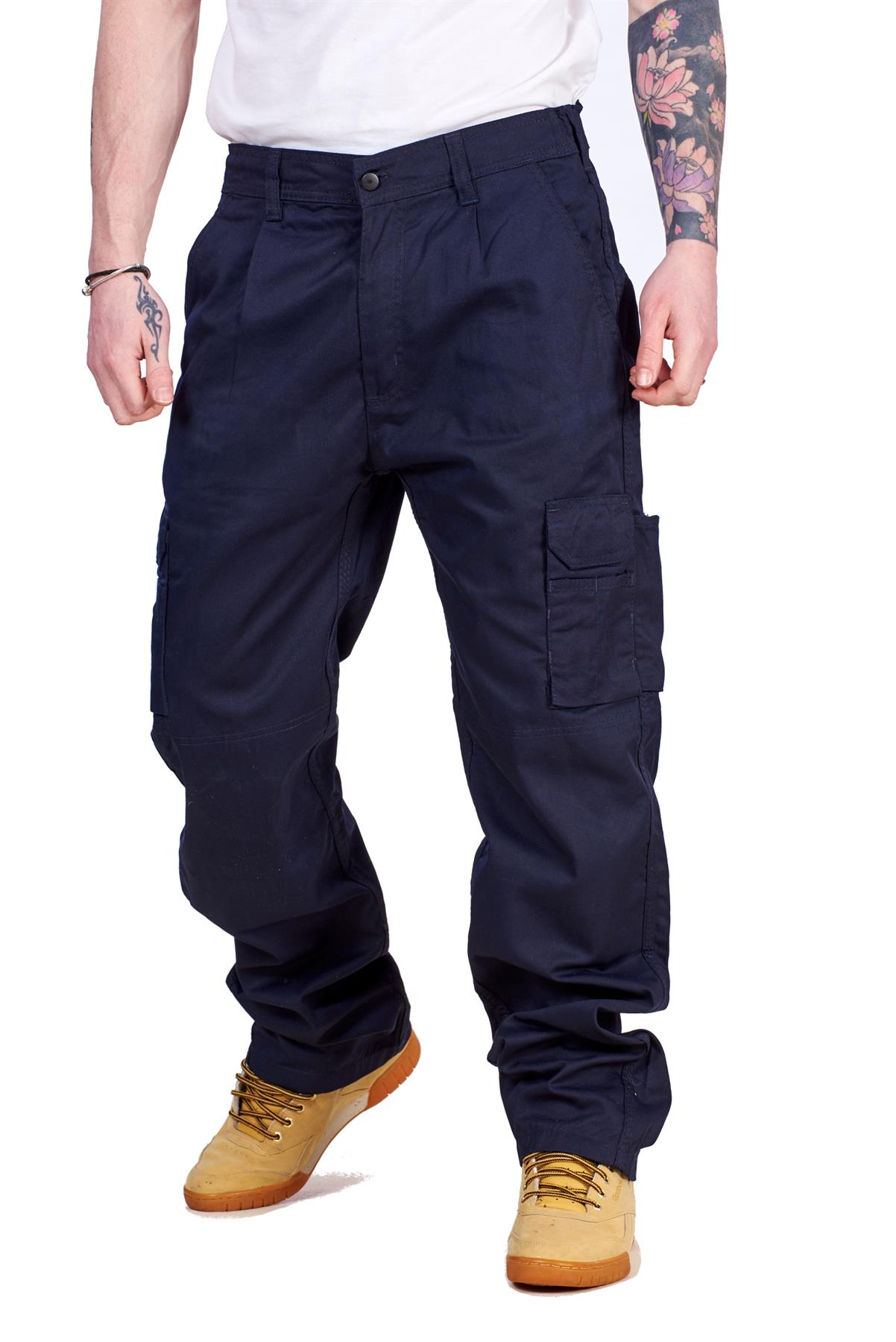 Mens Cargo Work trousers Button Zip Fly 