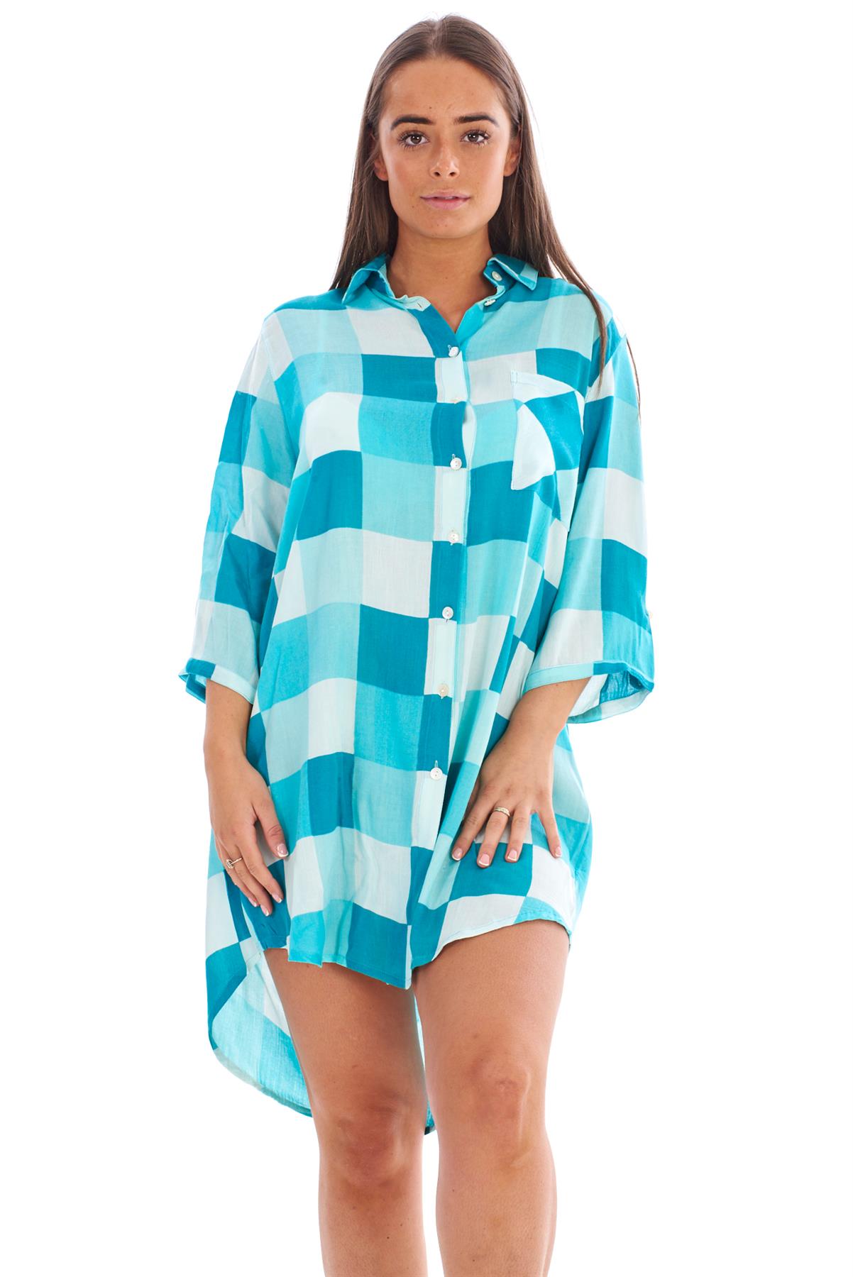 Women's Soft Cotton Check Nightshirt Long Sleeve Sleepwear Dress S to 2XL - Picture 17 of 21
