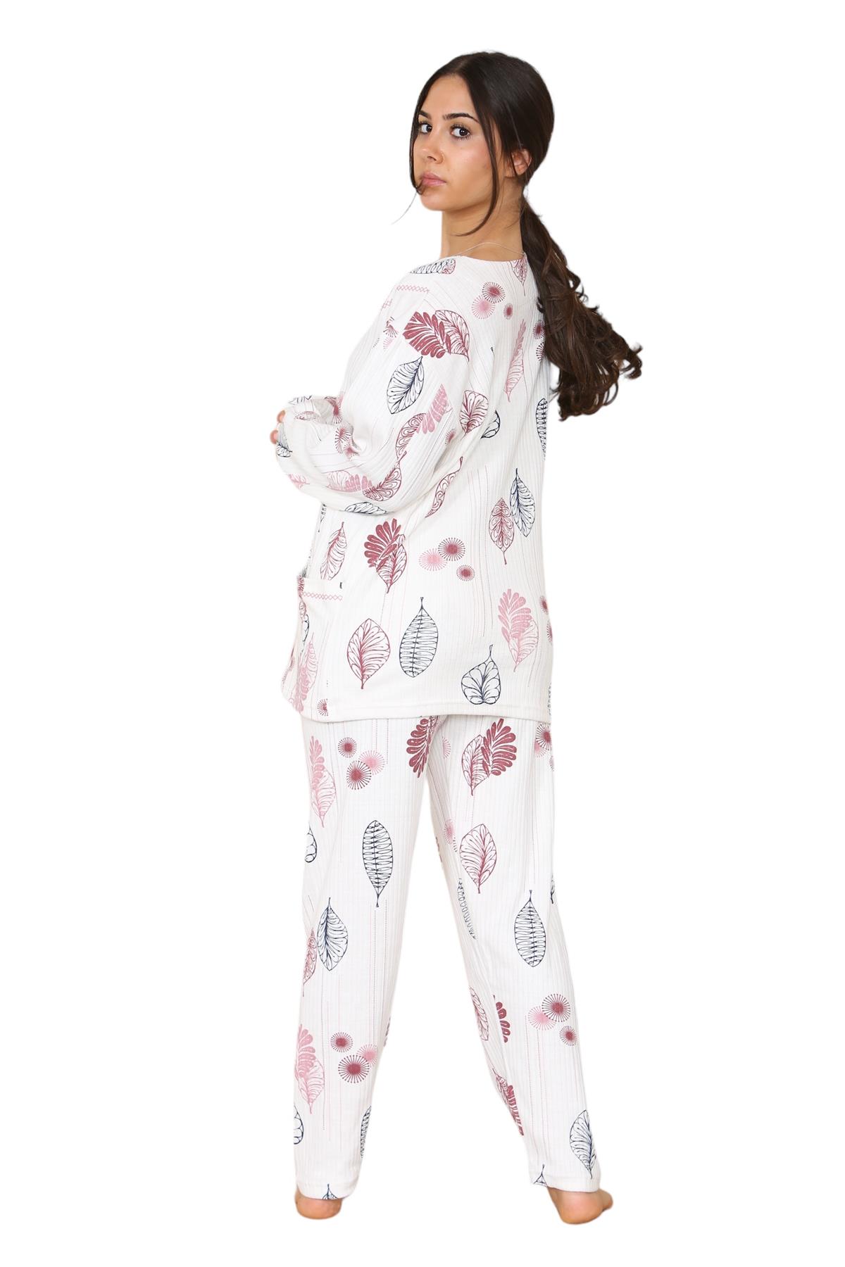 Womens Cotton Pyjamas Set Long Sleeve Leaf Print Thermal Loungewear Nightwear UK - Picture 16 of 18