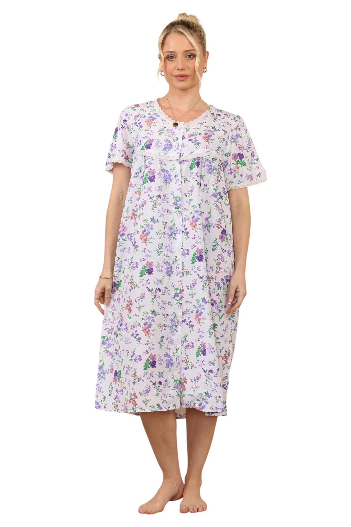 Ladies Floral Printed Lace Trim Button-Through Regular Comfort Nightdress - Picture 8 of 14