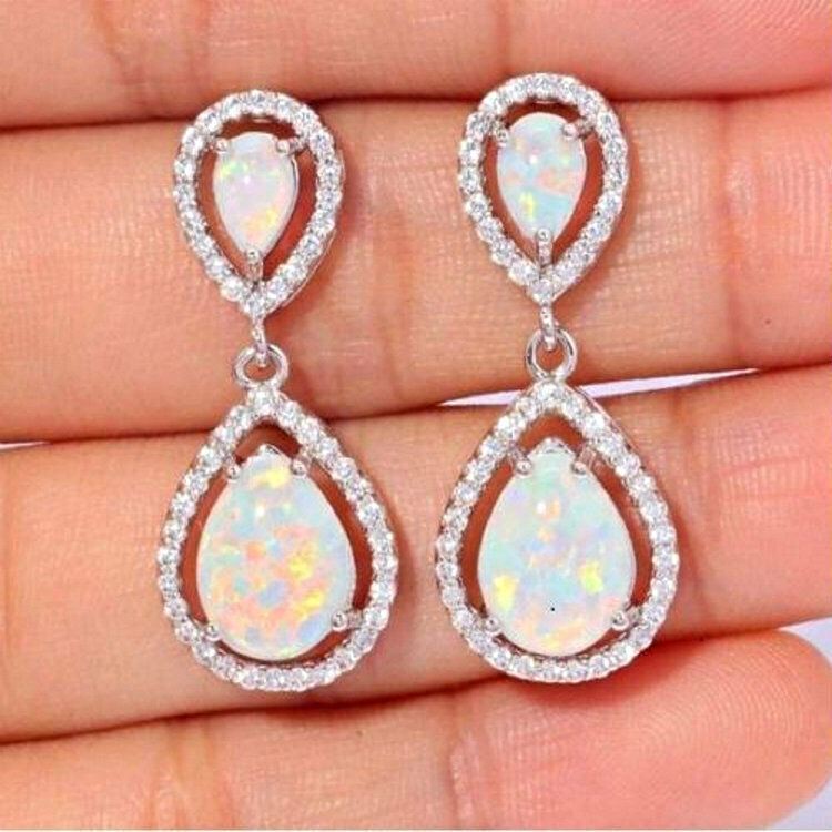 Mujeres Vintage Piedra lunar Pendientes Ópalo Gancho Colgante Gota Orejas Plata Joyería - Imagen 4 de 6