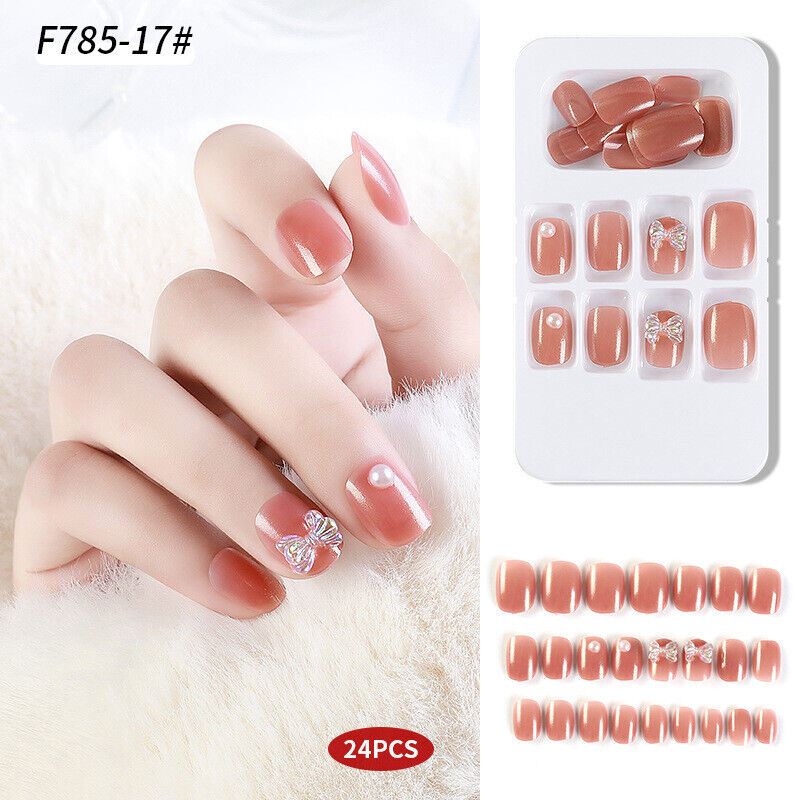 Women Fake Acrylic Nails 24Pcs 3D Bow Press Girl Manicure Nail Art Full Cover - Picture 4 of 9