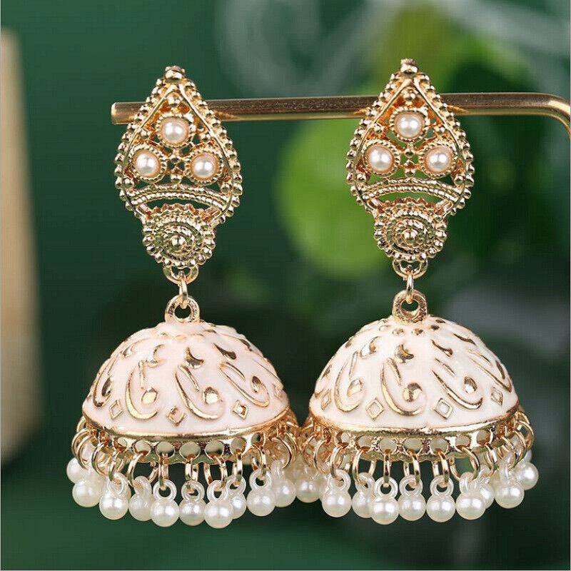 Pendientes colgantes de oro de Bollywood paquistaní indio boho jhumki joyería boda - Imagen 10 de 10