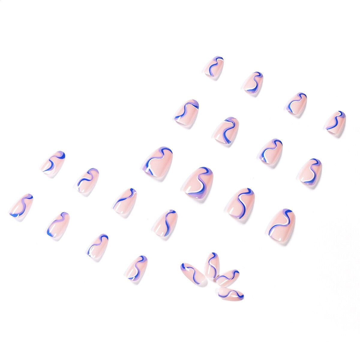 24Pcs Long Coffin Ballerina Almond Press On False Fake Nails Art With Glue Box - Picture 10 of 23