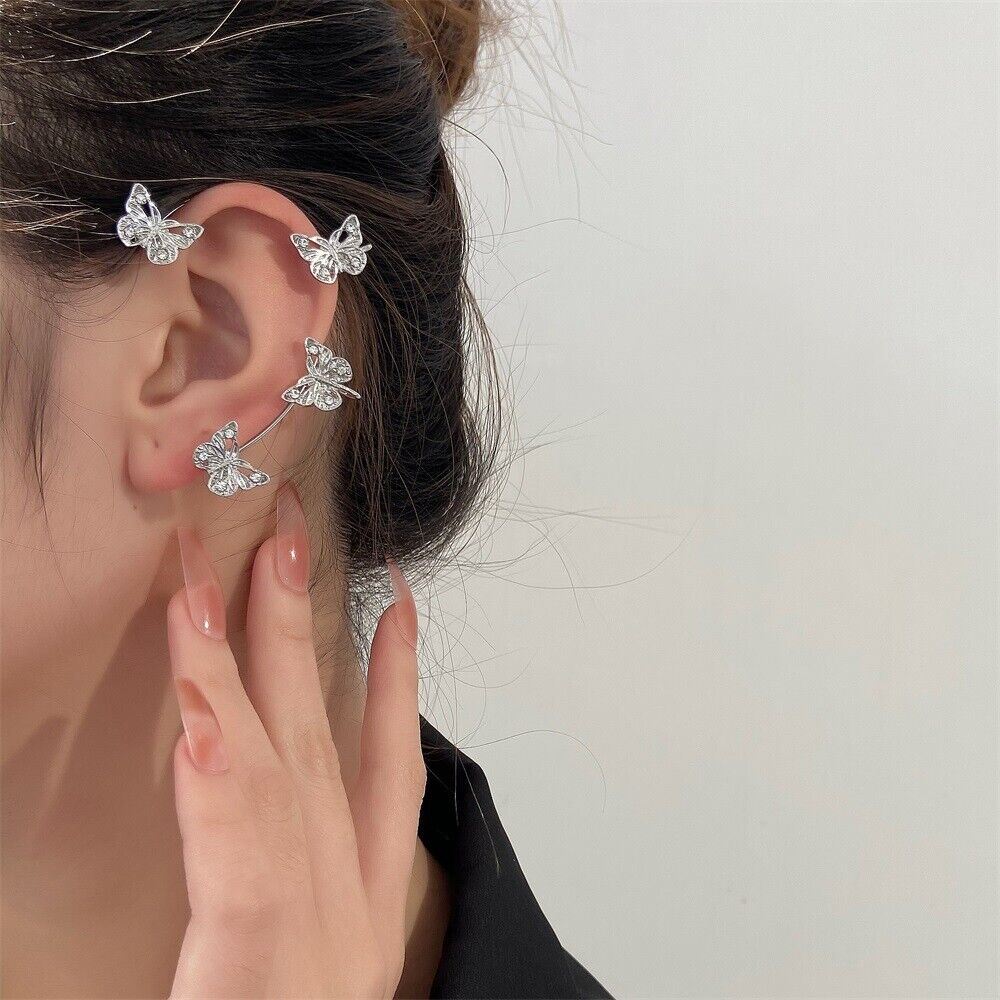 HMOOY Zircon Butterfly Earrings For Women, Butterfly Ear Cuff Earrings Butterfly Cuff Wrap Crawler Earrings Butterfly No Piercing Ear Clip Wrap Around Earrings (Gold