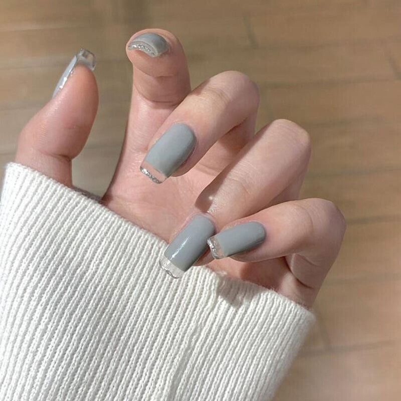 24 PCS Acrylic Full Cover Fake False Nails Women Short Round Press On With Glue - Picture 2 of 16
