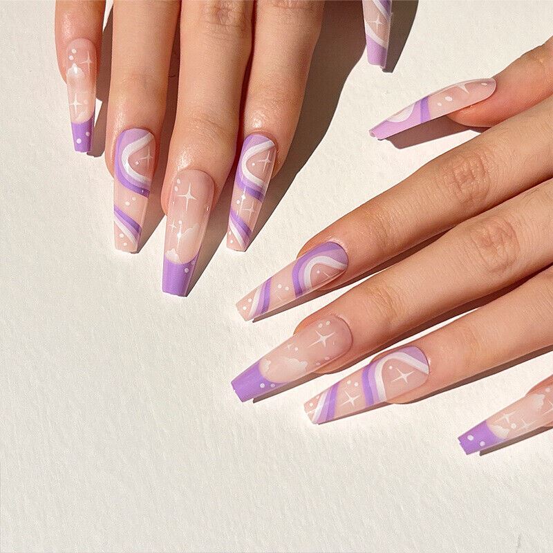 24Pcs Long Coffin Ballerina Almond Press On False Fake Nails Art With Glue Box - Picture 15 of 23
