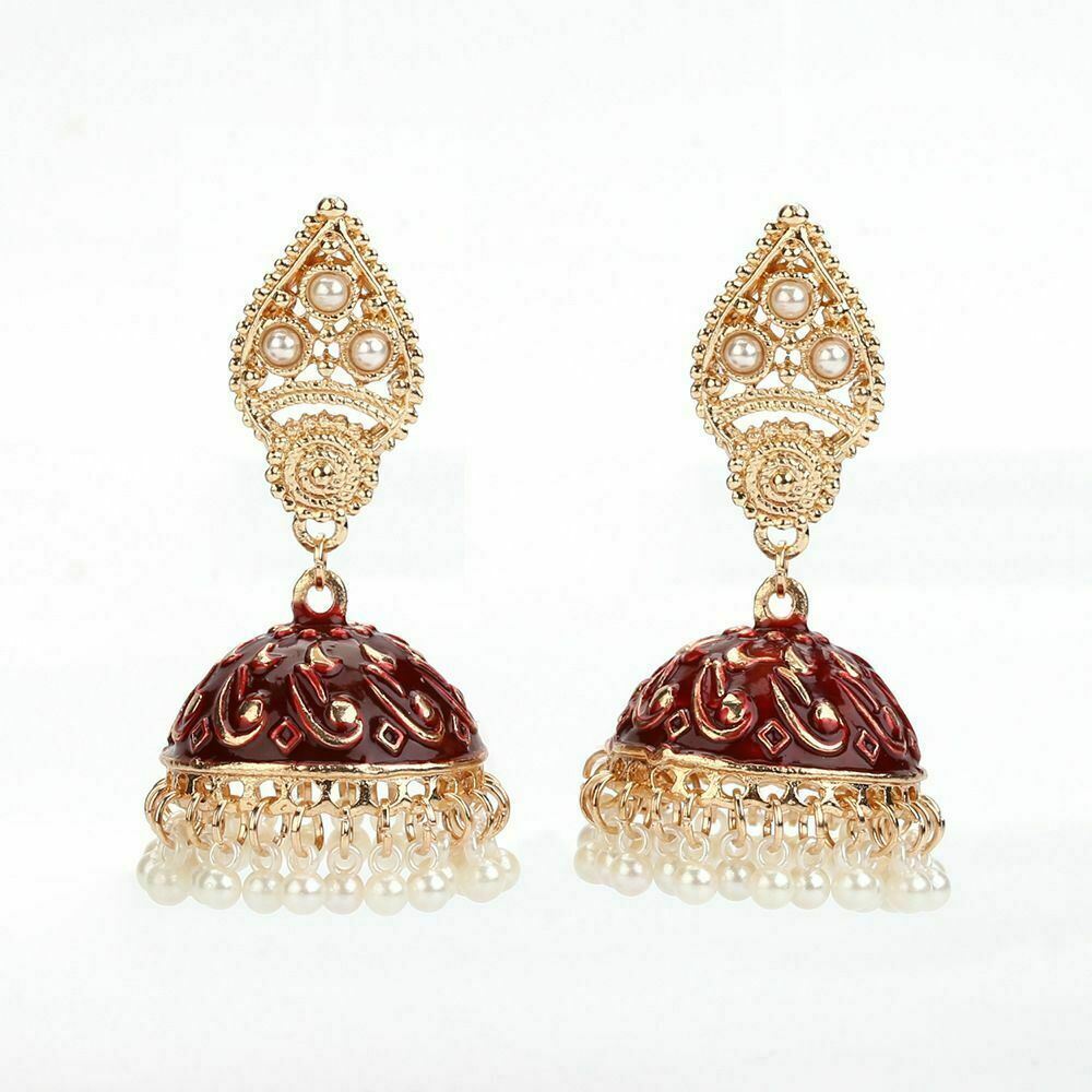 Pendientes colgantes de oro de Bollywood paquistaní indio boho jhumki joyería boda - Imagen 8 de 10