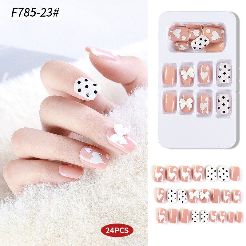 Women Fake Acrylic Nails 24Pcs 3D Bow Press Girl Manicure Nail Art Full Cover - Picture 3 of 9