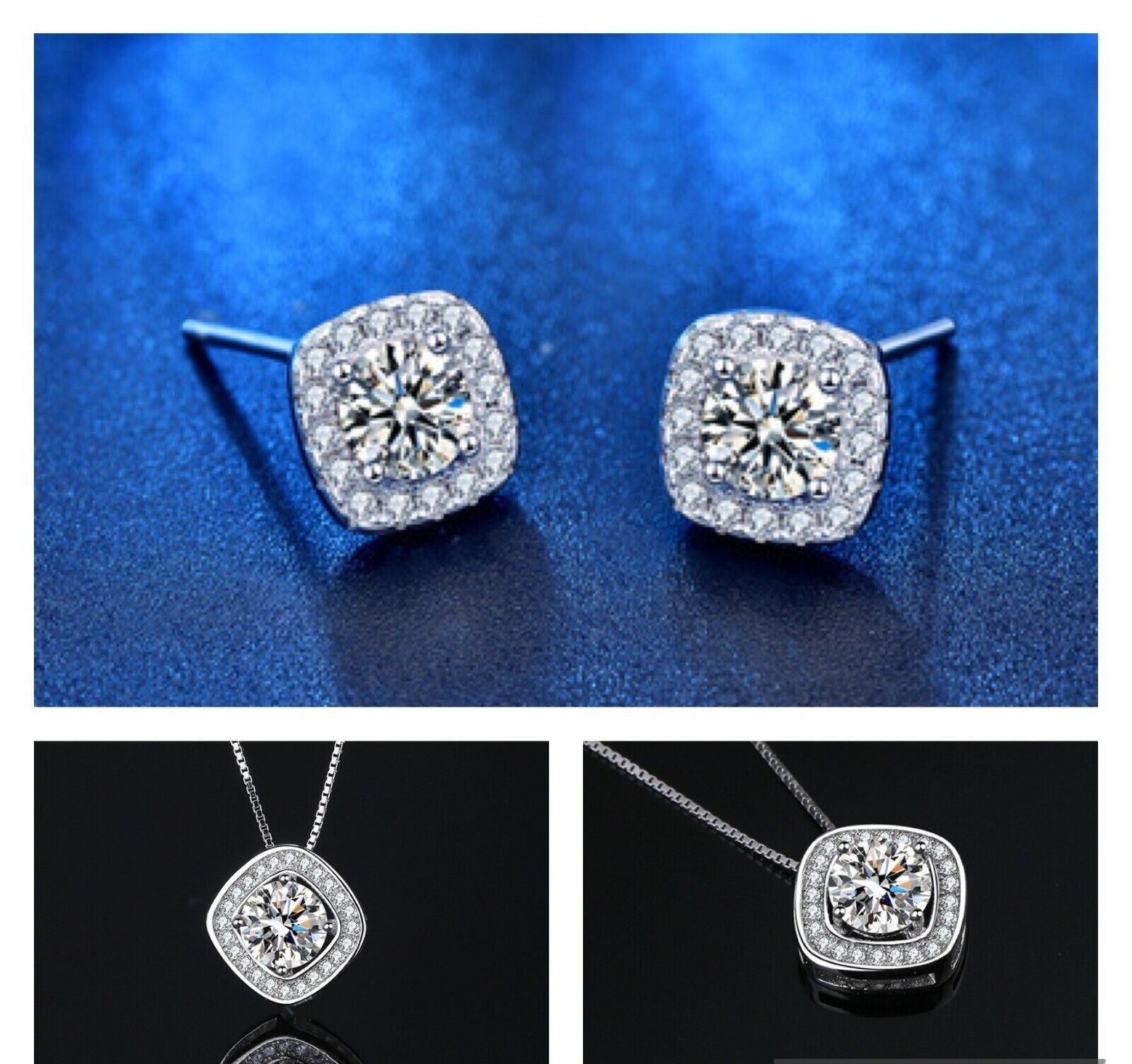Square Stone Pendant Earrings Silver Plated Zircon Necklace Women Jewelery Set - Picture 5 of 6