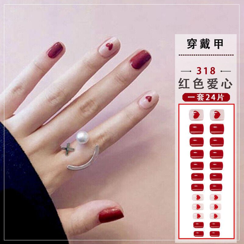 24 PCS Acrylic Full Cover Fake False Nails Women Short Round Press On With Glue - Picture 4 of 16