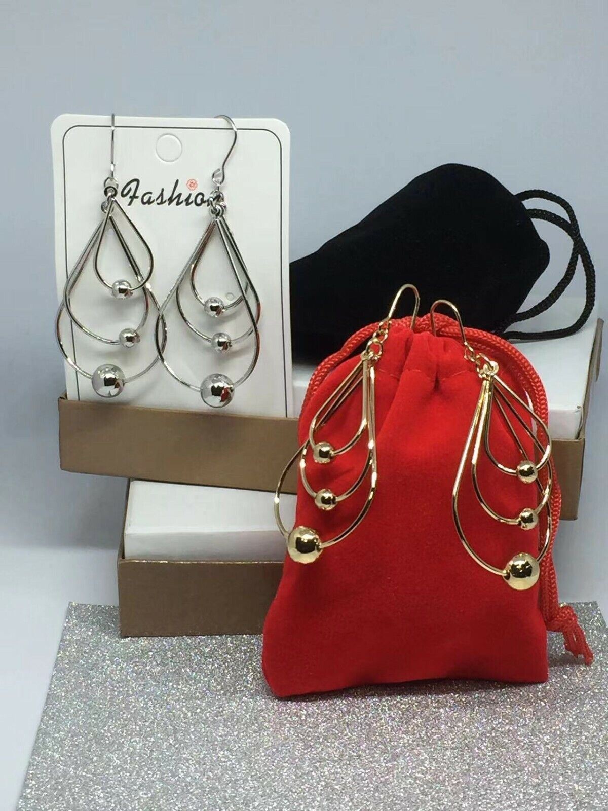 Women Silver Gold Triple Hoop Earrings Hook Drop Dangle Girls Ball Jewellery - Picture 4 of 5