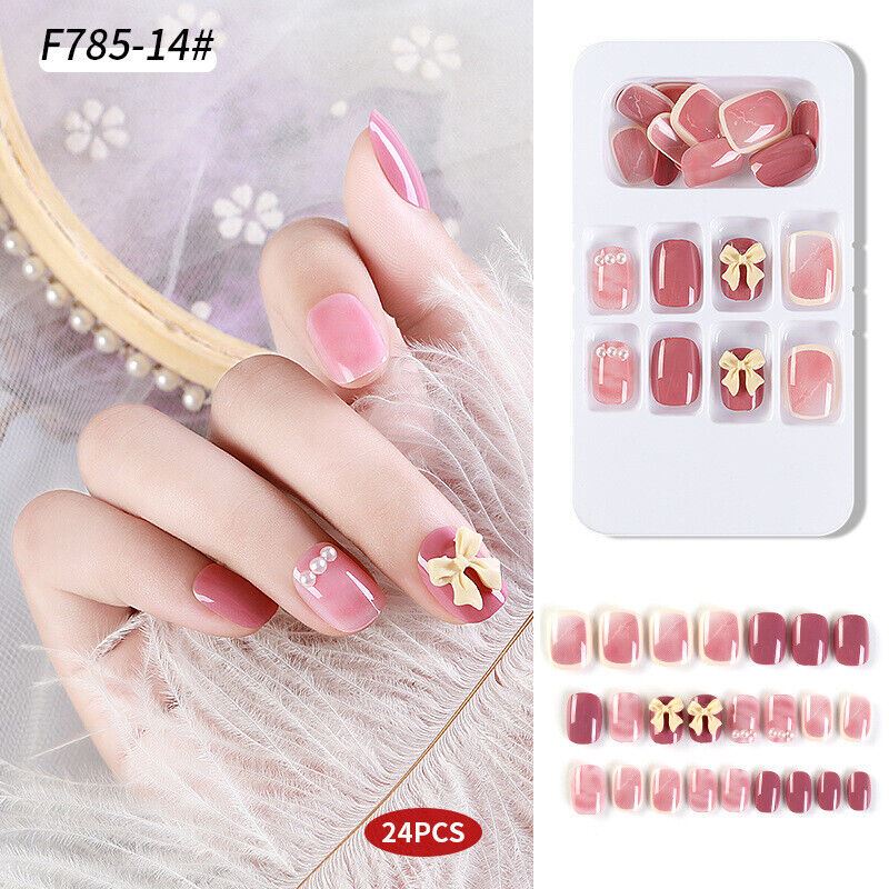 Women Fake Acrylic Nails 24Pcs 3D Bow Press Girl Manicure Nail Art Full Cover - Picture 7 of 9