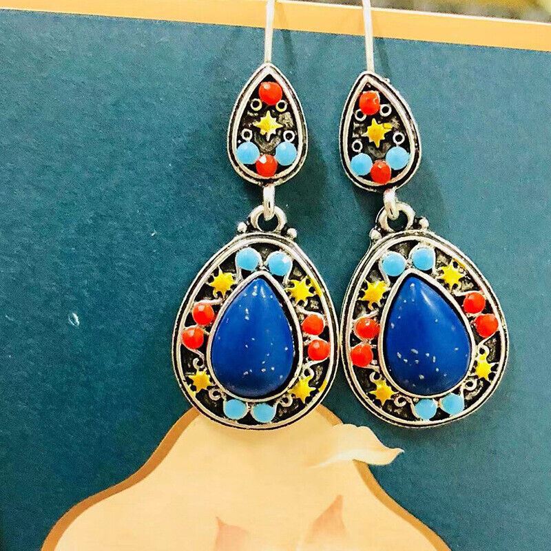 Mujeres Vintage Piedra lunar Pendientes Ópalo Gancho Colgante Gota Orejas Plata Joyería - Imagen 5 de 6
