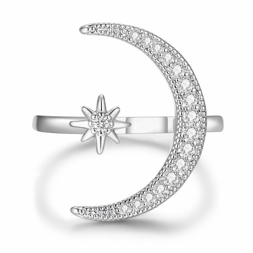 Silver Plated Gold Plated Crescent Moon Star CZ Adjustable Wrap Ring Band - Picture 16 of 20