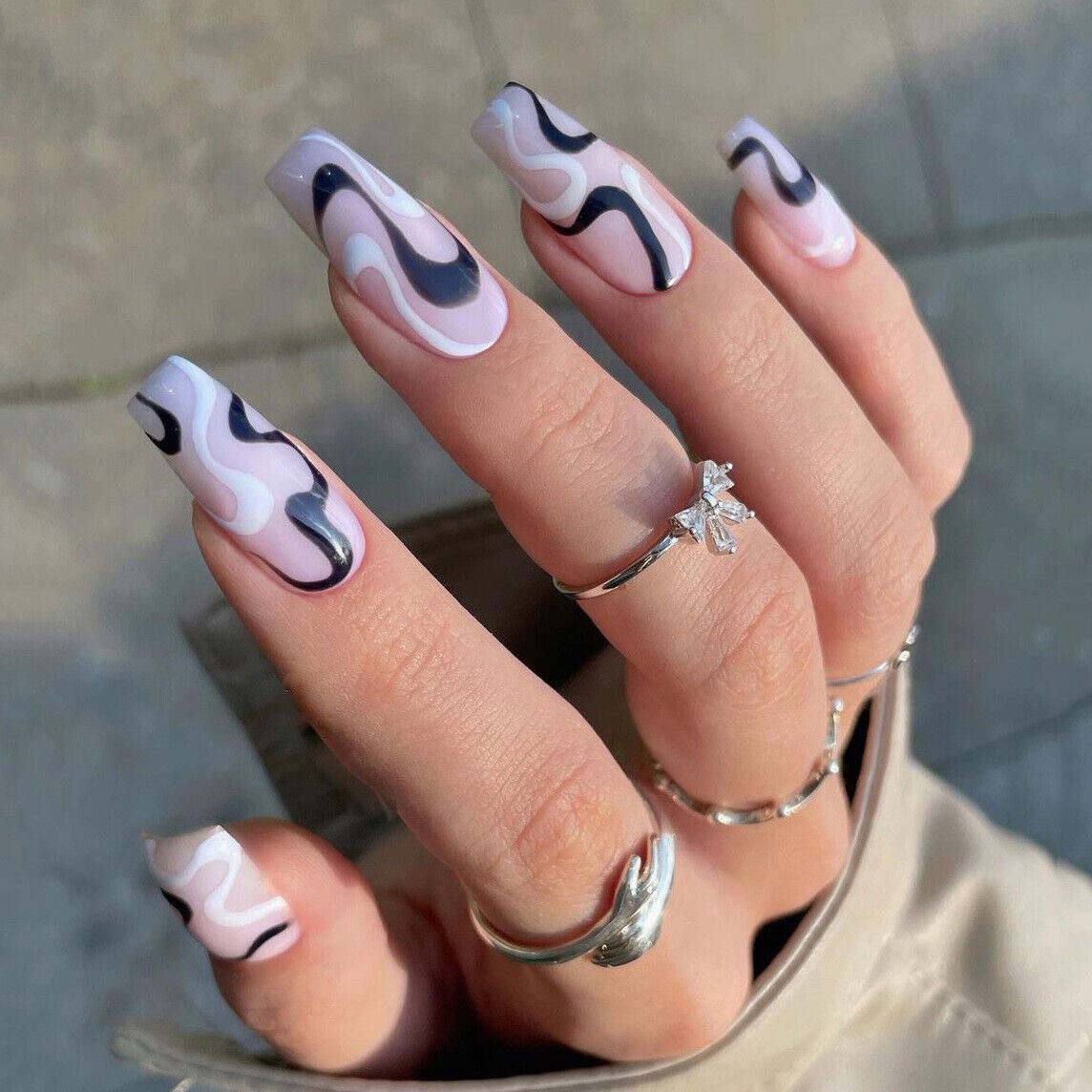 24Pcs Long Coffin Ballerina Almond Press On False Fake Nails Art With Glue Box - Picture 5 of 23