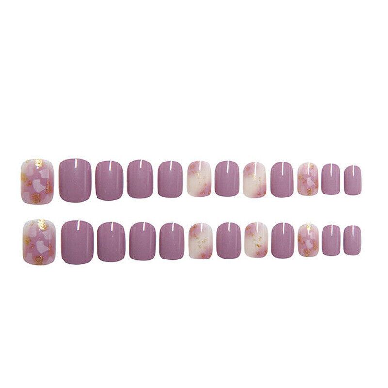 24 PCS Acrylic Full Cover Fake False Nails Women Short Round Press On With Glue - Picture 5 of 16