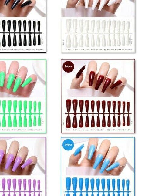 24pcs Long Coffin False Fake Coloured Full Cover Nails Extension Nail Tips - Picture 6 of 18