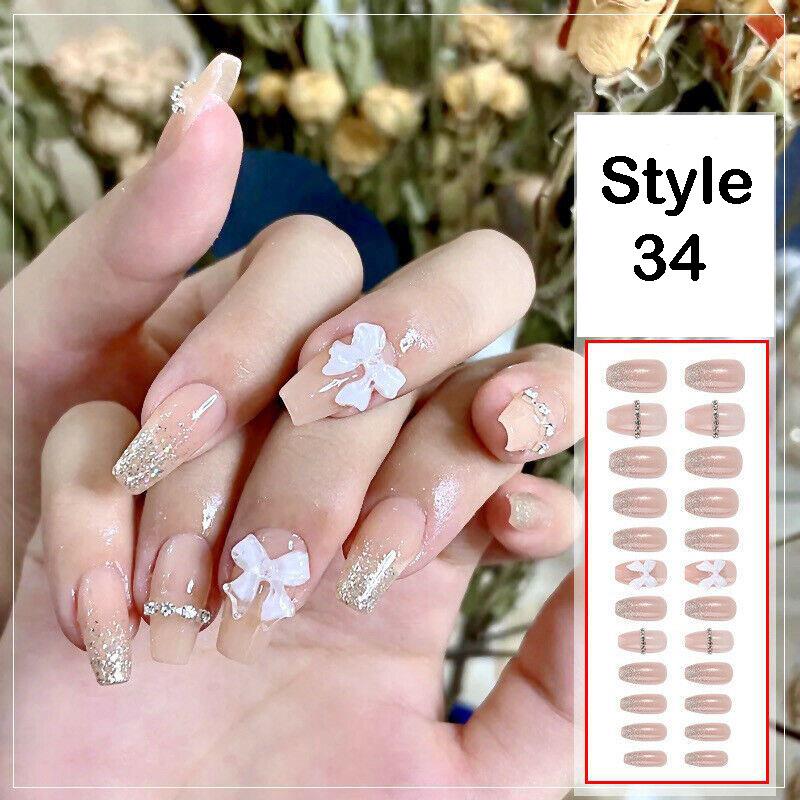 24 Pcs Press On Fake Acrylic Nails Women Girl Manicure 3D Bow Nail Art Glue Gift - Picture 10 of 17