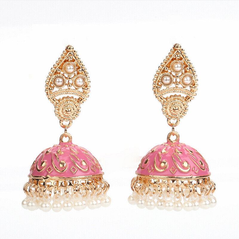 Pendientes colgantes de oro de Bollywood paquistaní indio boho jhumki joyería boda - Imagen 9 de 10