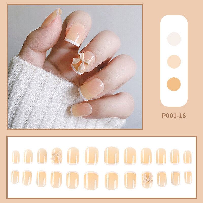 Women Fake Acrylic Nails 24Pcs 3D Bow Press Girl Manicure Nail Art Full Cover - Picture 6 of 9