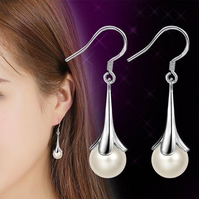 Pearl Drop Dangle Hook Earrings Silver Plated Women Girls Jewellery Gift - Picture 5 of 7