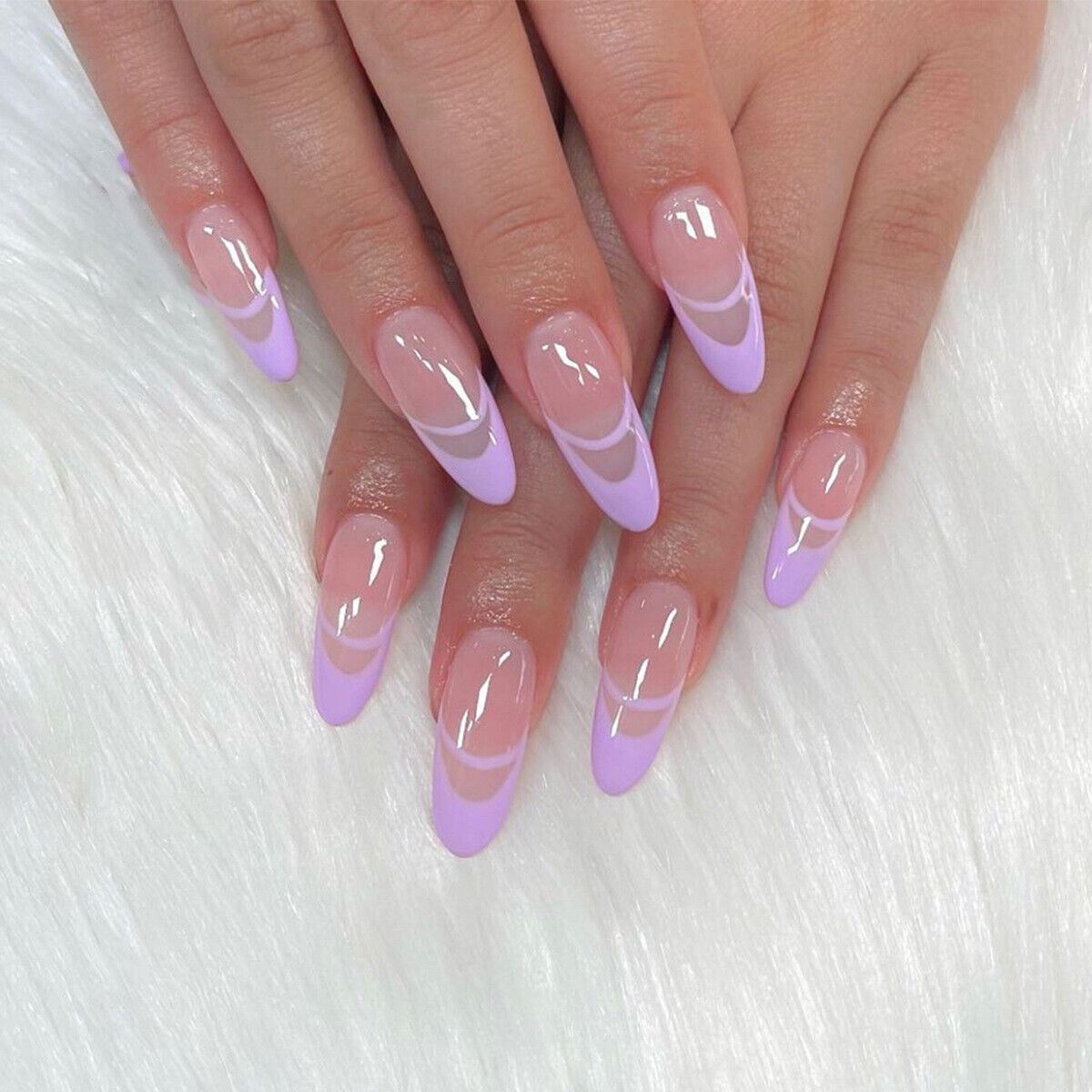 24Pcs Long Coffin Ballerina Almond Press On False Fake Nails Art With Glue Box - Picture 20 of 23