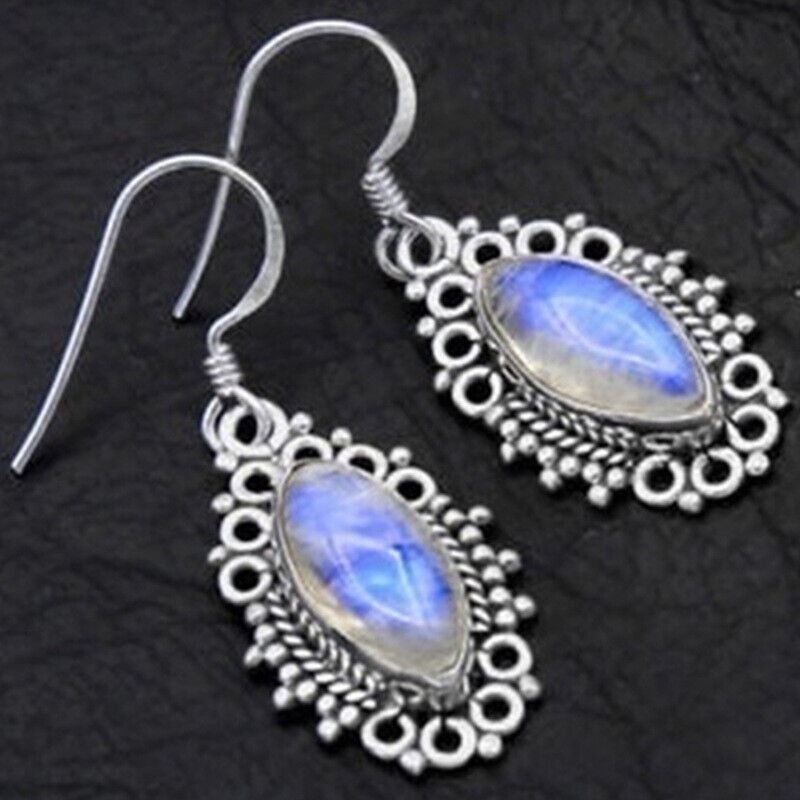 Mujeres Vintage Piedra lunar Pendientes Ópalo Gancho Colgante Gota Orejas Plata Joyería - Imagen 6 de 6