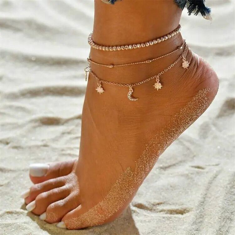 Gold Boho Ankle Bracelet Multi Layer Anklet Anklets Adjustable Chain Foot Beach - Picture 12 of 14