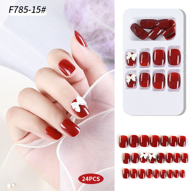 Women Fake Acrylic Nails 24Pcs 3D Bow Press Girl Manicure Nail Art Full Cover - Picture 8 of 9