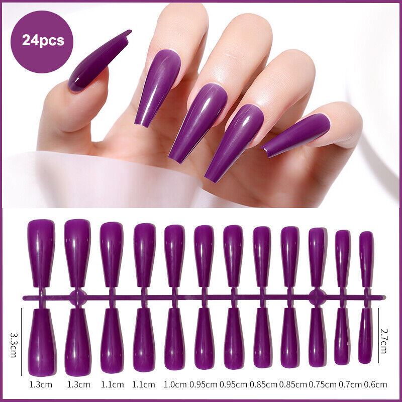 24pcs Long Coffin False Fake Coloured Full Cover Nails Extension Nail Tips - Picture 13 of 18