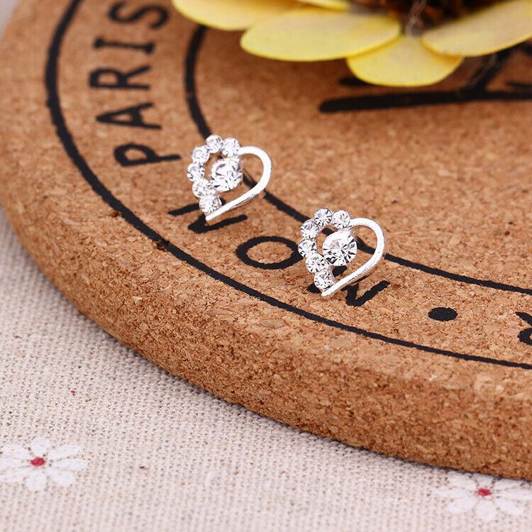 Women/Girls Silver Plated Stud Earrings Heart Crystal Wedding Stud Earrings UK - Picture 18 of 19